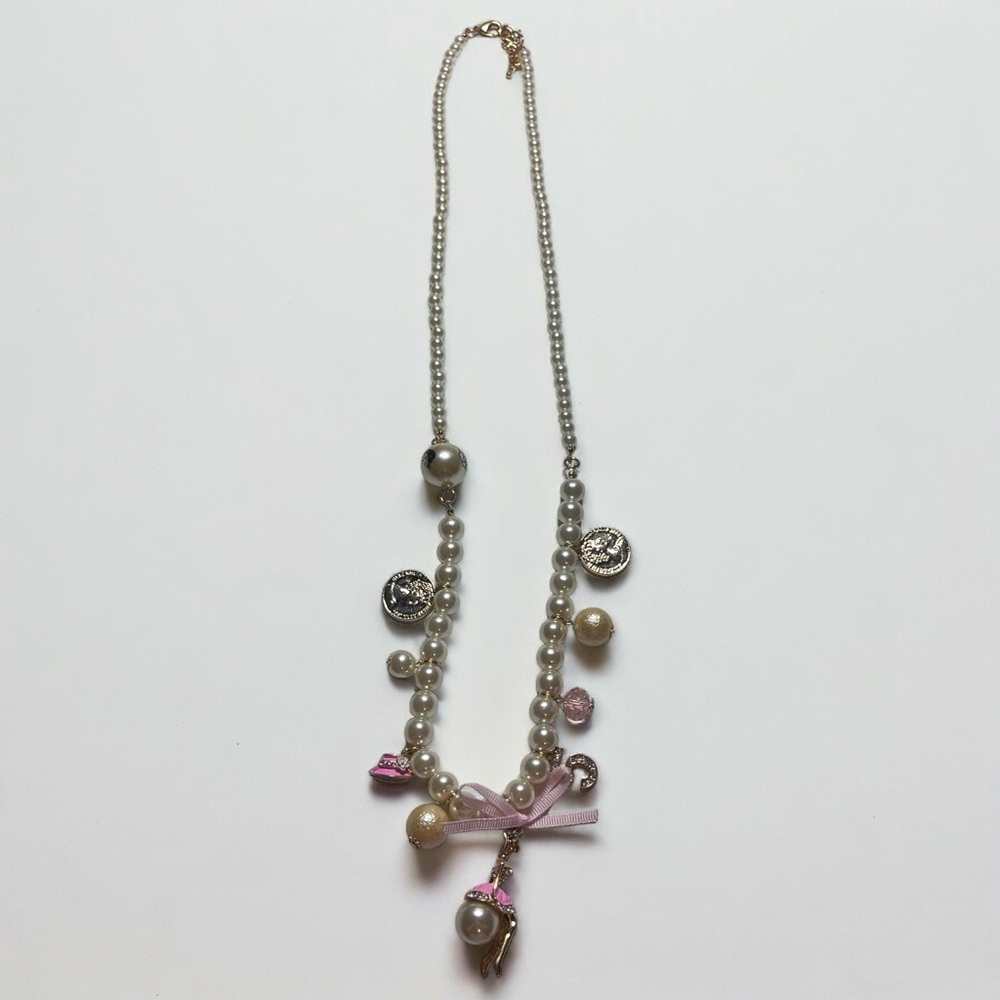 Chunky Long Pearl Beaded Fashion Necklace with Ballerina Pendant & Charms - Picture 3 of 15